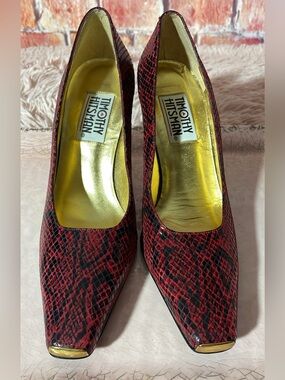 Timothy Hitsman Red and Black Snake-Print Pointed Toe Pumps with Gold Accent